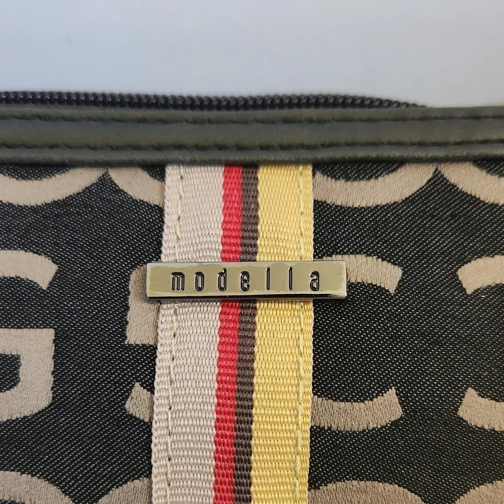 Modella Black Olive Green Logo Striped Cosmetic Bag Pouch